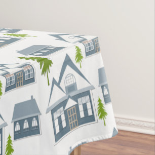 Christmas winter picture grey houses green trees w tablecloth