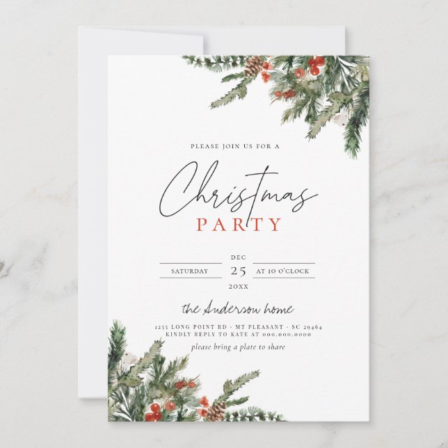 Christmas Winter Pine & Red Berries Holiday Party Invitation (Front)