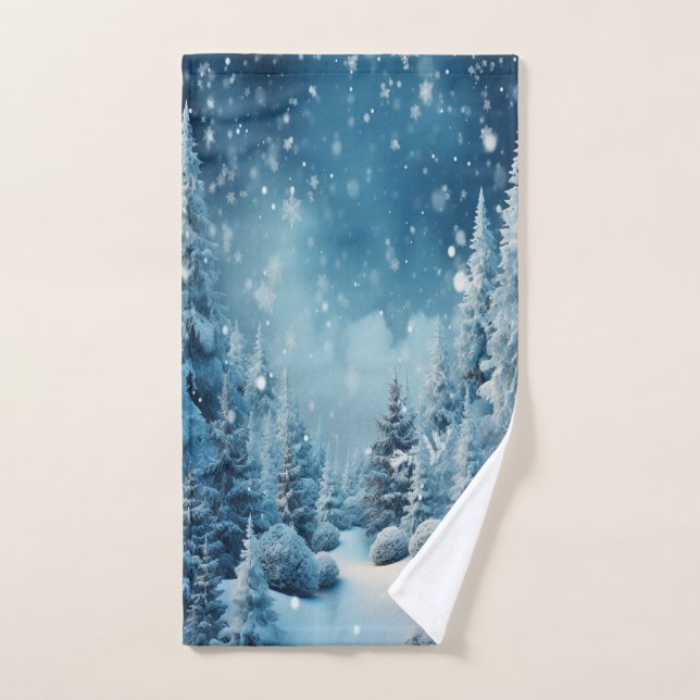 Christmas Winter Pine Tree Forest Snowing Bath Towel Set (Hand Towel)