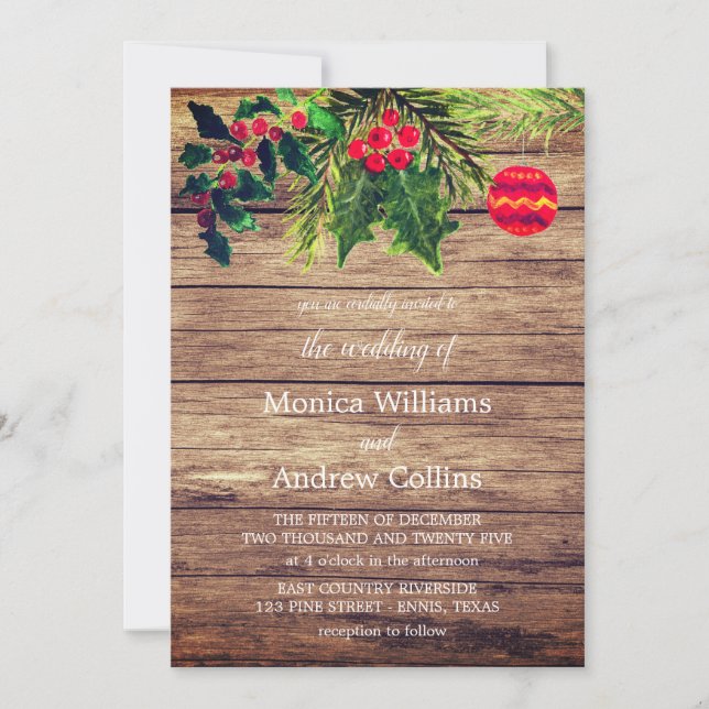 Christmas Winter Pine Tree Watercolor Wood Wedding Invitation (Front)