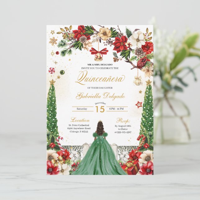 Christmas Winter Poinsettia Green Red Quinceanera Invitation (Standing Front)