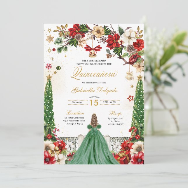 Christmas Winter Poinsettia Green Red Quinceanera Invitation (Standing Front)