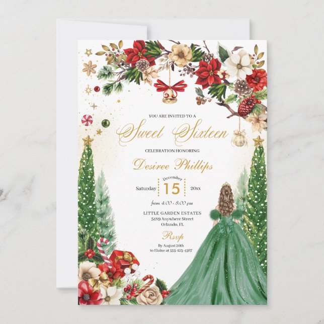 Christmas Winter Poinsettia Princess Sweet Sixteen Invitation (Front)