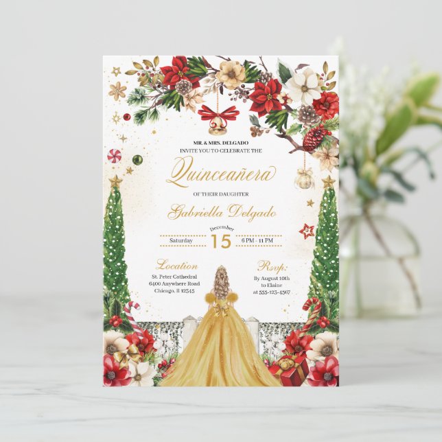 Christmas Winter Poinsettia Red Gold Quinceanera Invitation (Standing Front)
