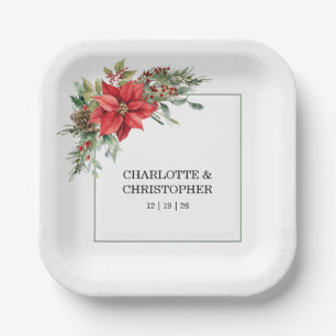 Christmas Winter Poinsettia Watercolor Paper Plate