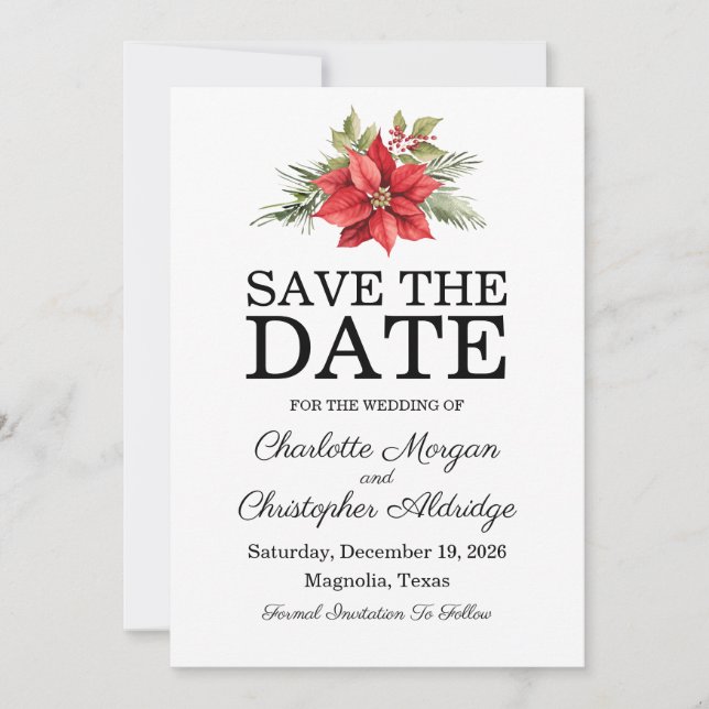 Christmas Winter Poinsettia Watercolor Save The Date (Front)