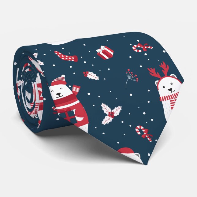 CHRISTMAS WINTER POLAR BEAR FAMILY MONOGRAM TIE (Rolled)