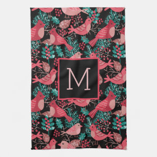 Christmas Winter Red Bird Berries Holiday Tea Towel