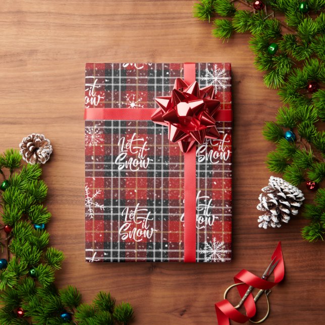 Christmas Winter Red Black Plaid LET IT SNOW Wrapping Paper (Holiday Gift)