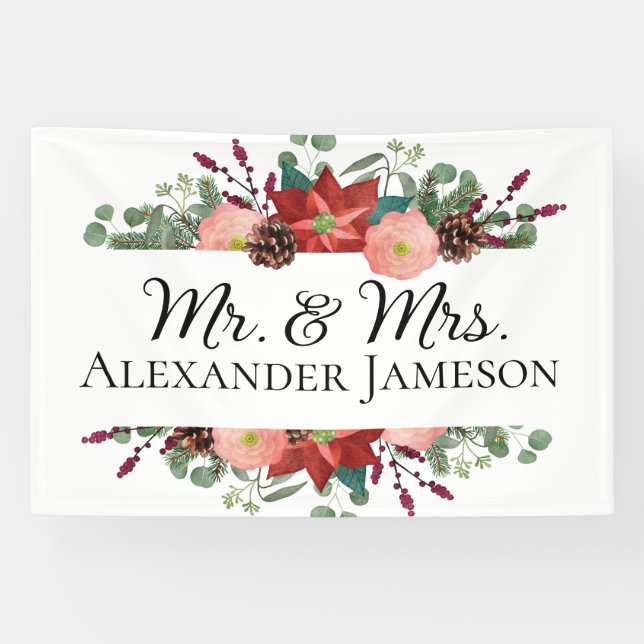 Christmas Winter Red Floral Mr & Mrs Wedding Banner (Horizontal)