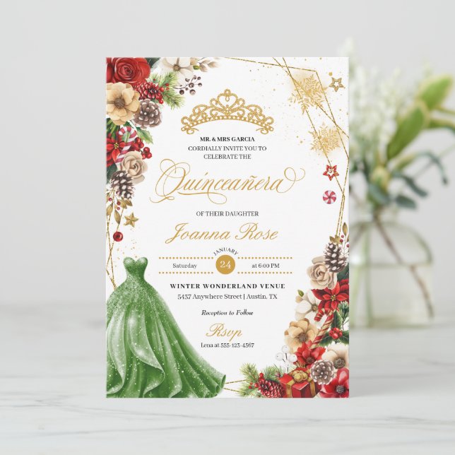 Christmas Winter Red & Gold Poinsettia Quinceanera Invitation (Standing Front)