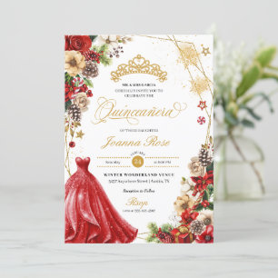Christmas Winter Red & Gold Poinsettia Quinceanera Invitation