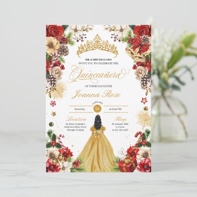Christmas Winter Red & Gold Poinsettia Quinceanera Invitation (Standing Front)