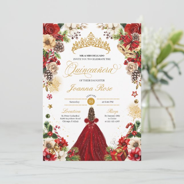 Christmas Winter Red & Gold Poinsettia Quinceanera Invitation (Standing Front)