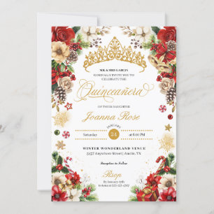 Christmas Winter Red & Gold Poinsettia Quinceanera Invitation