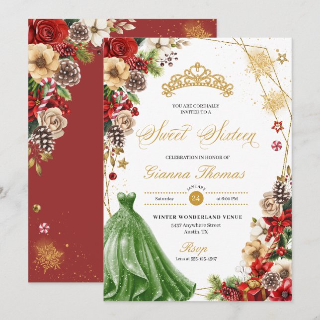 Christmas Winter Red & Gold Poinsettia Sweet 16 Invitation (Front/Back)