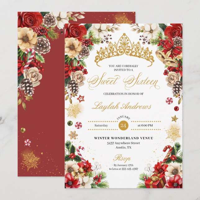 Christmas Winter Red & Gold Poinsettia Sweet 16 Invitation (Front/Back)