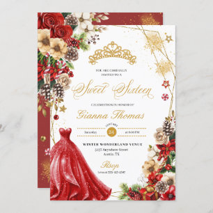 Christmas Winter Red & Gold Poinsettia Sweet 16 Invitation