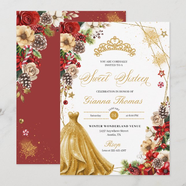 Christmas Winter Red & Gold Poinsettia Sweet 16 Invitation (Front/Back)