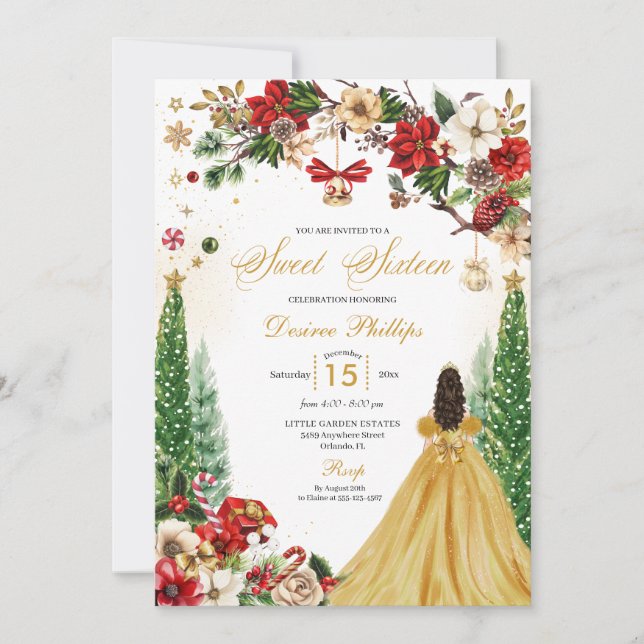 Christmas Winter Red Gold Poinsettia Sweet Sixteen Invitation (Front)