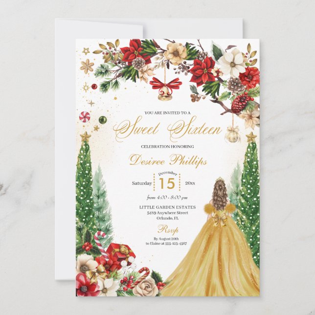 Christmas Winter Red Gold Poinsettia Sweet Sixteen Invitation (Front)