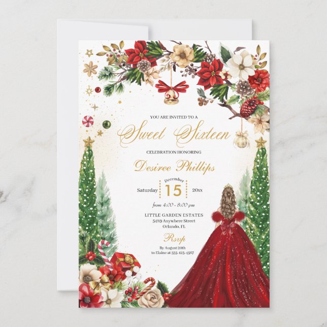 Christmas Winter Red Gold Poinsettia Sweet Sixteen Invitation (Front)