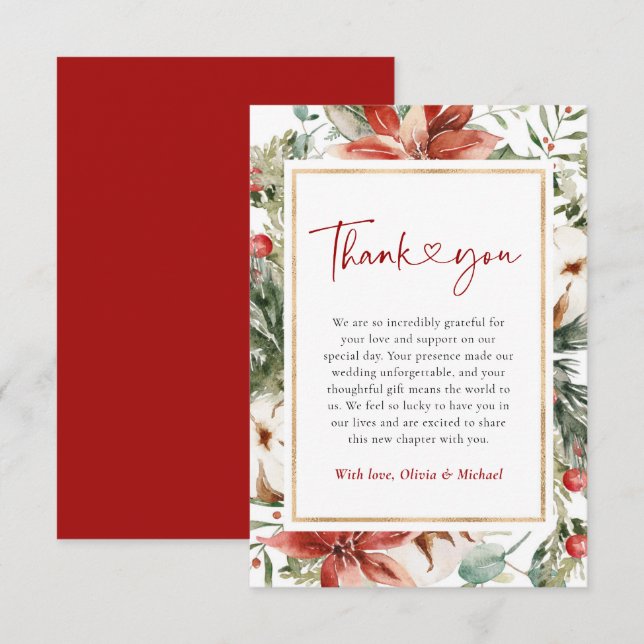 Christmas Winter Red Green Gold Wedding Thank You Card (Front/Back)