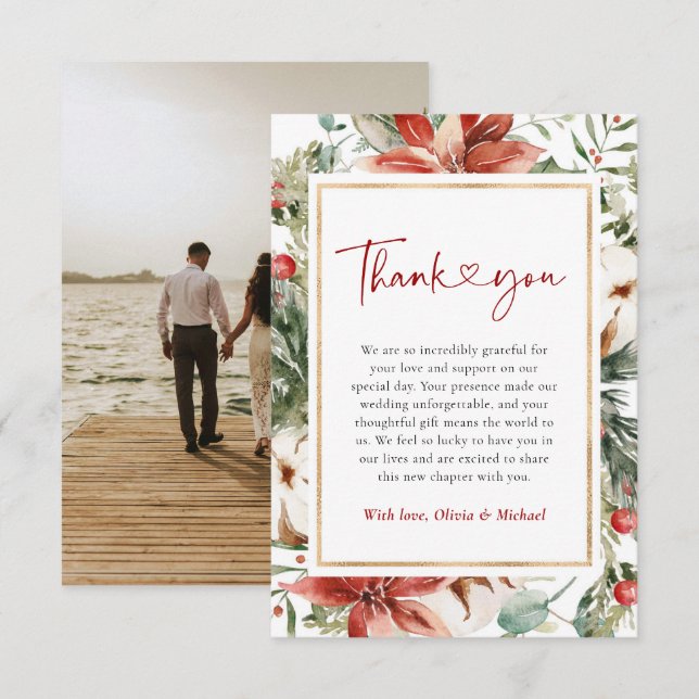 Christmas Winter Red Green Gold Wedding Thank You Card (Front/Back)