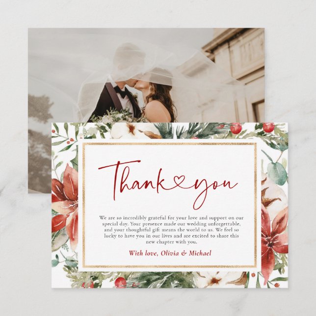 Christmas Winter Red Green Gold Wedding Thank You Card (Front/Back)