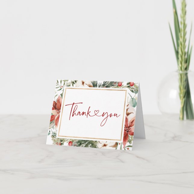 Christmas Winter Red Green Gold Wedding Thank You Card (Front)