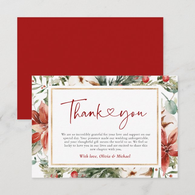 Christmas Winter Red Green Gold Wedding Thank You Card (Front/Back)