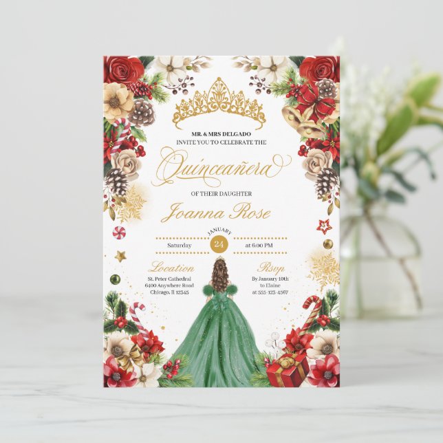 Christmas Winter Red Green Poinsettia Quinceanera Invitation (Standing Front)