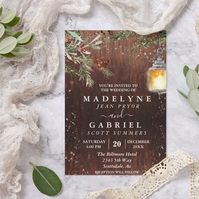 Christmas Winter Rustic Pine Drop Wood Wedding Invitation (Creator Uploaded)
