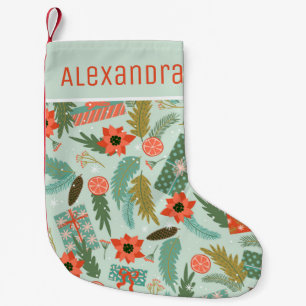 Christmas Winter Sage Green Red Poinsettia Name Small Christmas Stocking