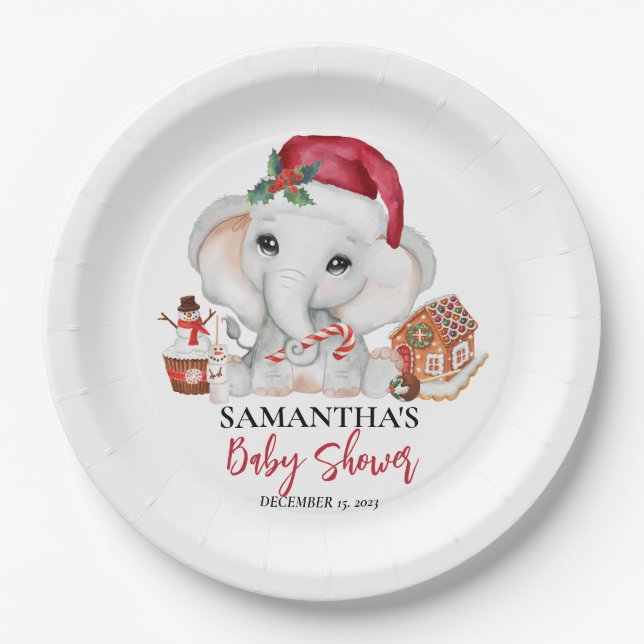 Christmas Winter Santa Baby Elephant Shower  Paper Plate (Front)