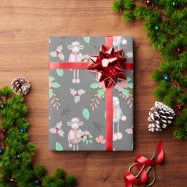 Christmas Winter Sheep On Grey Wrapping Paper (Holiday Gift)