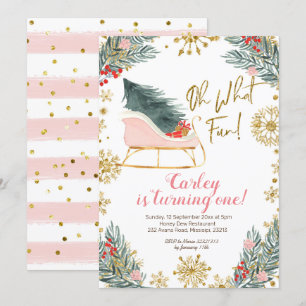 Christmas Winter Sleigh Oh What Fun First Birthday Invitation