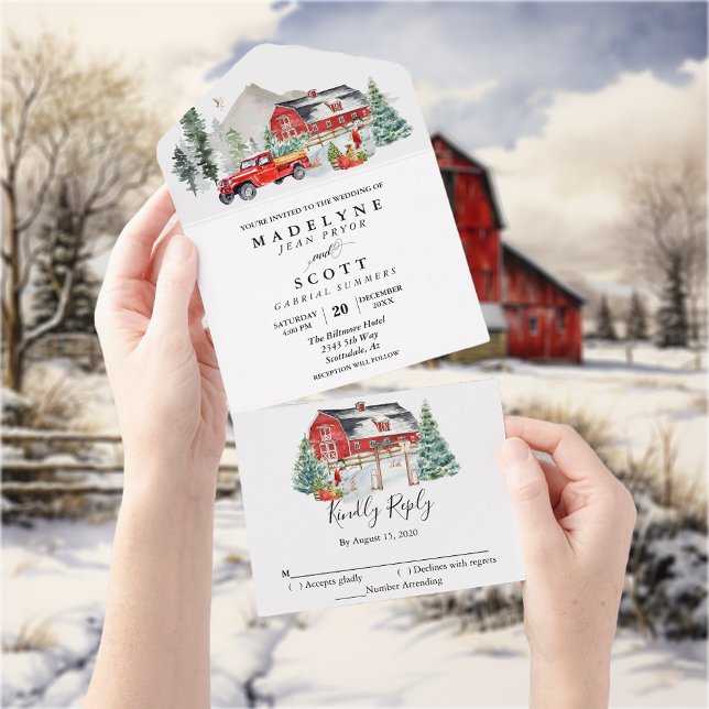 Christmas Winter Snow Barn Country Wedding   All In One Invitation (Creator Uploaded)