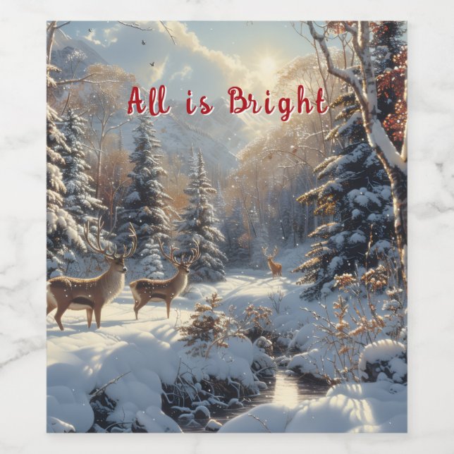 Christmas Winter Snow Deer River All is Bright Wine Label (Single Label)