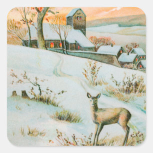 Christmas Winter Snow Landscape and Deer Holiday Square Sticker