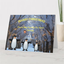 Christmas Winter Snow & Trees & Family of Penguins