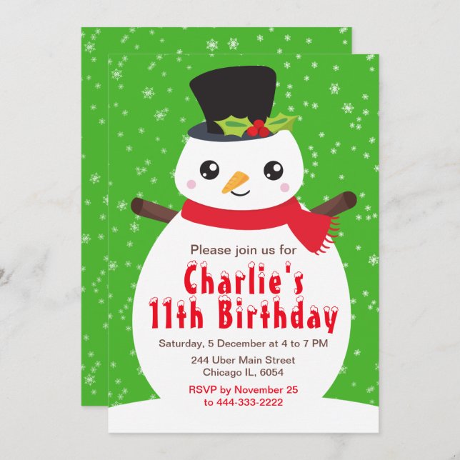 Christmas Winter Snowman Birthday Bright Green Inv Invitation (Front/Back)