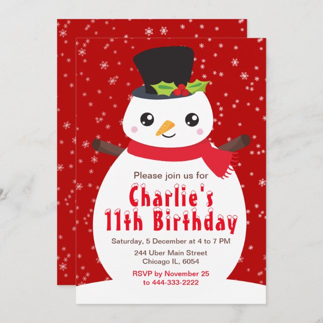 Christmas Winter Snowman Birthday Dark Red Invitat Invitation (Front/Back)