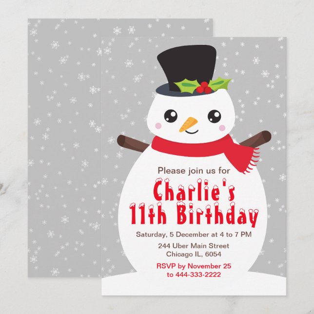Christmas Winter Snowman Birthday Silver Grey Invi Invitation (Front/Back)