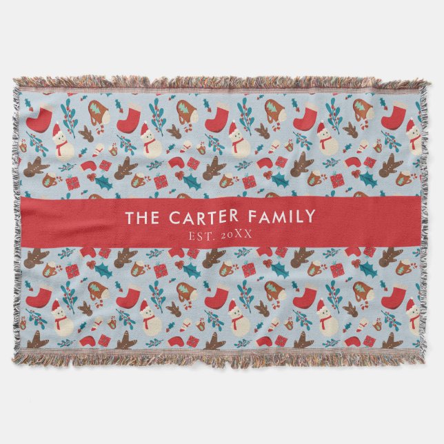 Christmas Winter Snowman Custom Family Name Throw Blanket (Front)