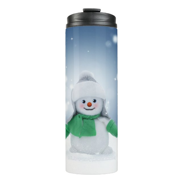 Christmas winter snowman SlipperyJoe green scarf g Thermal Tumbler (Front)