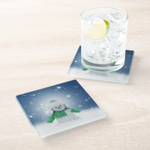Christmas winter snowman SlipperyJoe green scarf m Glass Coaster
