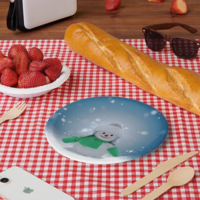 Christmas winter snowman SlipperyJoe green scarf m Paper Plate (Picnic)