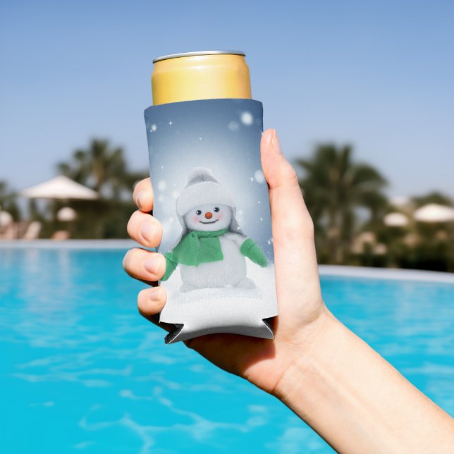 Christmas winter snowman SlipperyJoe green scarf m Seltzer Can Cooler (In Situ Pool)