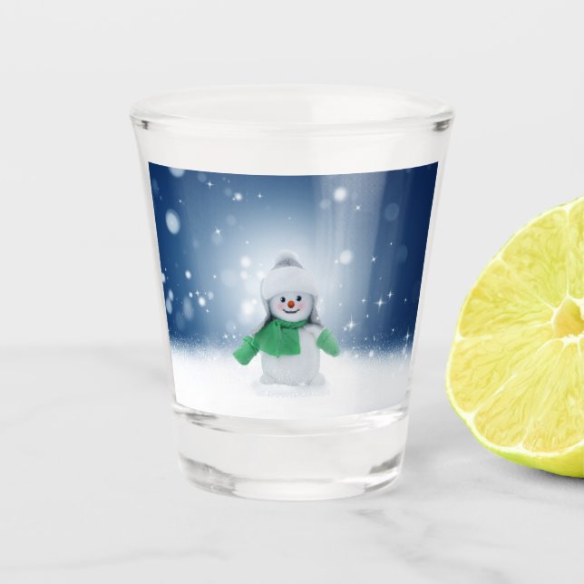 Christmas winter snowman SlipperyJoe green scarf m Shot Glass (Front)